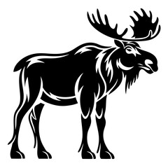 Detailed black and white image of a majestic moose with large antlers