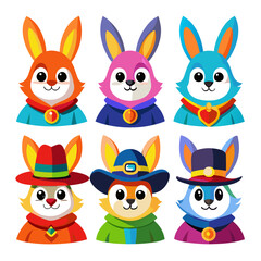 Cartoon Rabbits Wearing Clothes and Hats Vector Illustration
