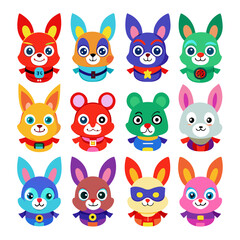 Cute superhero animal avatars in various colors vector illustration