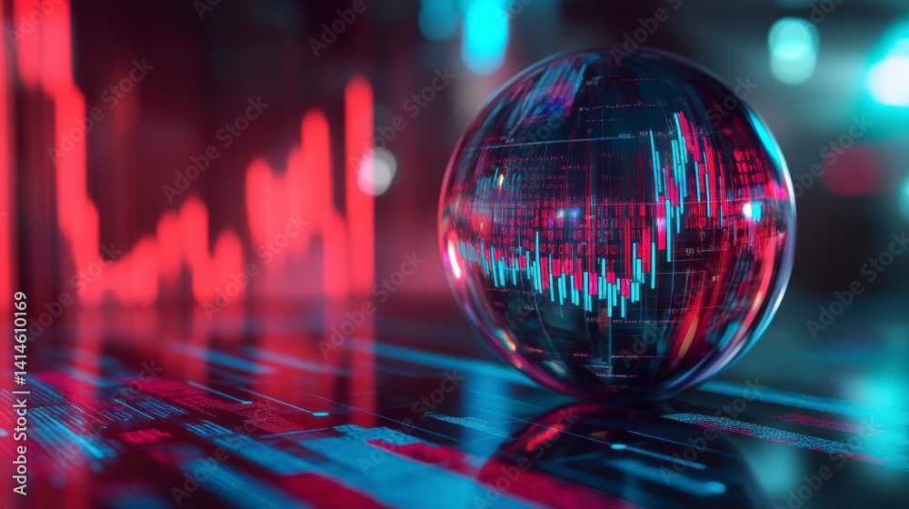 Poster Crystal sphere displaying financial data graphs and charts on a futuristic surface.