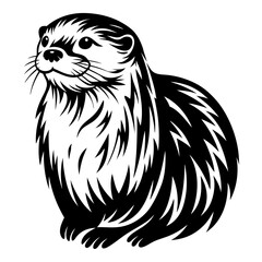 Black and white stylized illustration of a cute river otter portrait