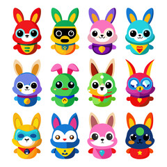 Colorful Superhero Bunny Cartoon Characters Vector Illustration