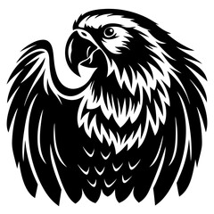 Striking black and white vector art of a magnificent parrot head with wings