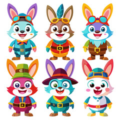 Naklejka premium Cartoon Rabbits in Diverse Costumes Illustration for Kids