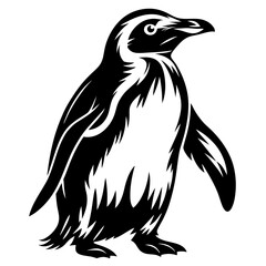 Bold monochrome vector illustration depicting a Magellanic penguin standing upright and alert