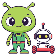 Cartoon Green Alien with Robot Friend on Transparent Background