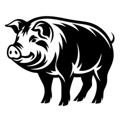Stylized Black and White Pig Illustration Standing on a White Background
