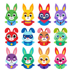 Collection of Colorful Cartoon Super Bunny Characters Illustration