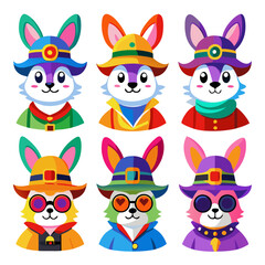 Cartoon Rabbits Wearing Hats and Clothes, Funny Vector Illustration