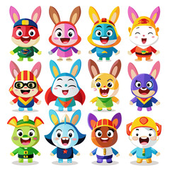 Cute Superhero Bunny Cartoon Characters Collection Vector Illustration