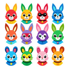 Colorful superhero bunnies vector illustrations on a white background