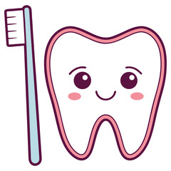 Smiling White Tooth Character with Light Blue Toothbrush on Transparent Background