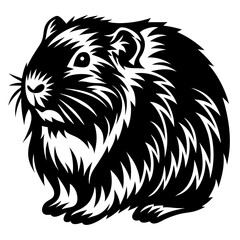 A striking black and white stylized guinea pig illustration with intricate details