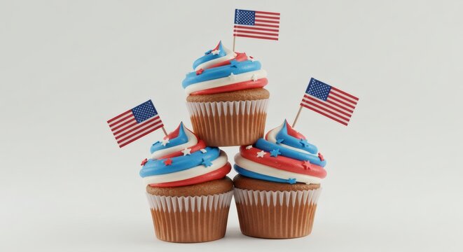 4th of july cupcake - decorated with red, white, and blue frosting, star sprinkles, and tiny flag toppers, isolated on white background. - Powered by Adobe