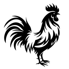 Black and white rooster silhouette illustration in tribal tattoo art style