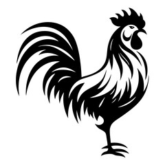 Stylized Black Rooster Illustration with Dynamic Feathers and Bold Silhouette Design