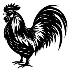 Black silhouette of a detailed rooster with stylized feathers and comb