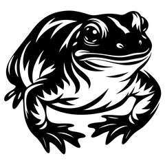Bold black and white illustration of a toad in a unique style