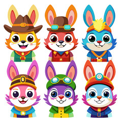 Cartoon Rabbits in Outfits: Cowboy, Aviator, Pharaoh, Miner