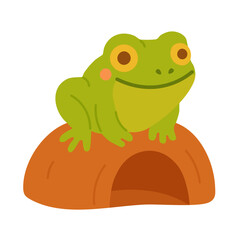 Adorable green frog with big eyes sitting on an orange rock, colorful flat vector illustration.