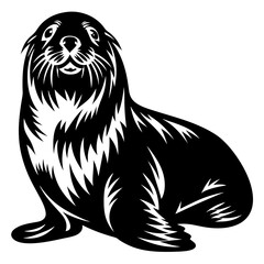 Monochrome illustration of a Sea Lion Seated, with Detailed Fur Texture