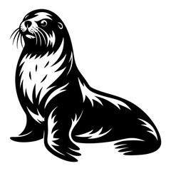Monochrome illustration of a sea lion sitting and looking up gracefully