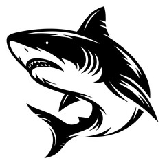 Striking black and white graphic illustration of a great white shark