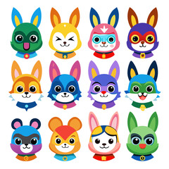Colorful Superhero Animal Cartoon Characters Illustration Set