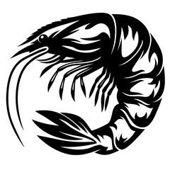 Detailed monochrome illustration of a shrimp or prawn in a striking design