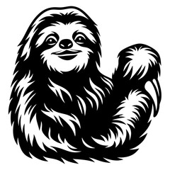 Monochrome illustration of a cute sloth hanging with a joyful expression on face