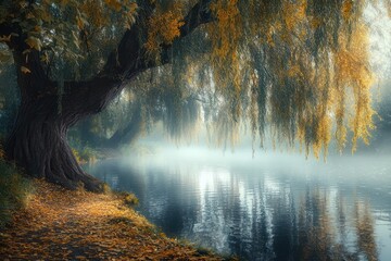 Willow Tree by a Tranquil River . Seasonal Bloom Background