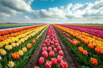 Stunning Tulip Farm with Endless Rows of Blooming Flowers . Seasonal Bloom