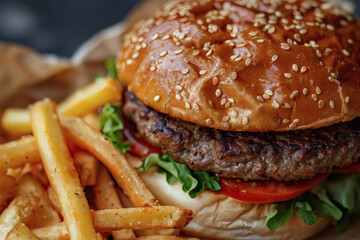 A fresh burger and fires close-up