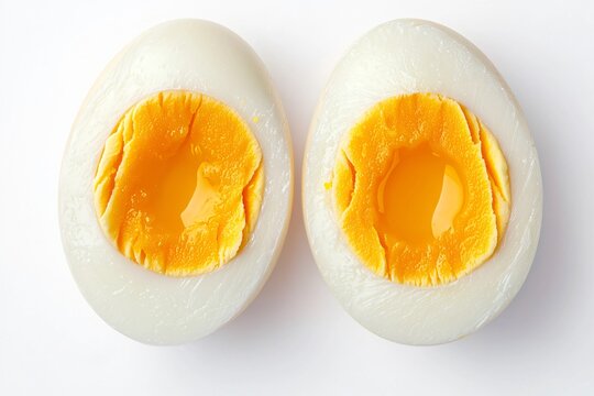 Hard Boiled Egg Halves: A captivating shot of a perfectly cooked, halved hard-boiled egg, its creamy white and vibrant yellow yolk inviting and delicious. - Powered by Adobe