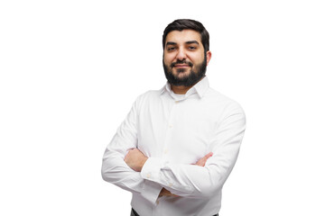 Confident Young Man Wearing White Shirt Poses With Arms Crossed Against Plain Background