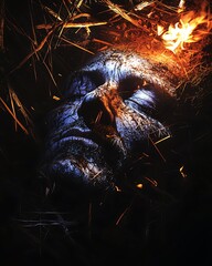 Man's face is shown with a skull and fire in the background