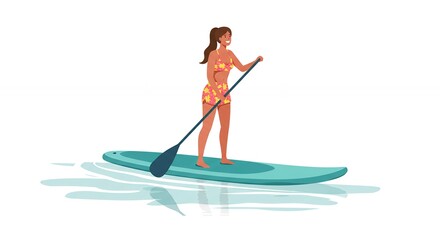 Vector illustration of a woman paddleboarding for recreational sports activity