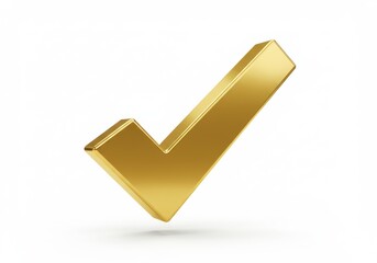 A golden check mark floating in a white space with soft shadow and reflective surface rendering details