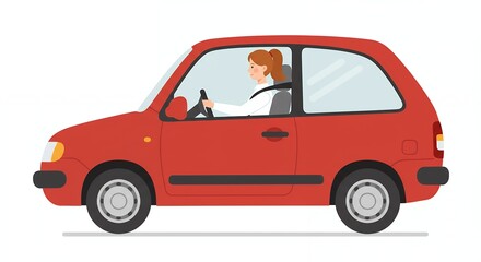 Illustration of a red compact car with a female driver in a minimalist style