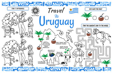 A fun placemat for kids. Printable “Travel to Uruguay” activity sheet with a labyrinth and find the differences. 17x11 inch printable vector file