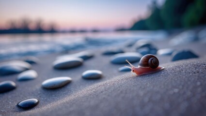 Snail moving on sandy beach with smooth stones at dusk