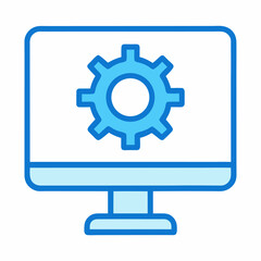 computer monitor, gear icon, blue outline, simple design, technical concept, system settings, digital display, minimalist illustration, technology symbol, configuration interface, cyan color scheme