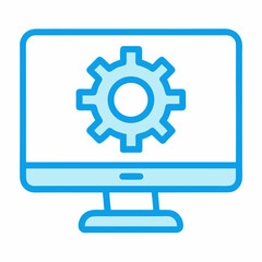 computer monitor, gear icon, blue outline, simple design, technical concept, system settings, digital display, minimalist illustration, technology symbol, configuration interface, cyan color scheme