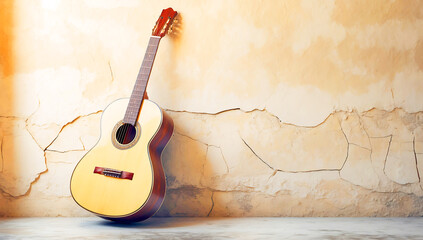 A bold acrylic painting features an electric guitar against a rustic wall.  Vibrant, electric colors and textured brushstrokes create a dynamic and expressive portrayal of the guitar and its surroundi