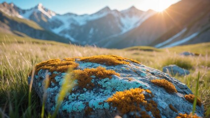 Moss Covered Rock in Mountain Meadow at Sunrise Landscape Image