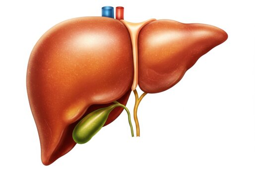 Illustration showing human liver anatomy with gallbladder and blood vessels on white background