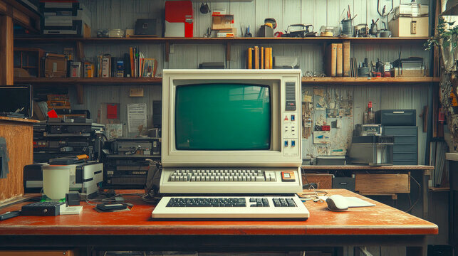 Retro vintage computer setup in an organized workshop, showcasing classic technology from the 80s and 90s