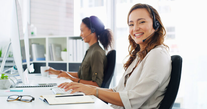 Call center, computer and woman with headset in portrait for customer service, technical support and online advice. Contact us, consultant and coworking help desk assistance, inbound query and FAQ