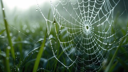 Spiderweb Shines with Dewdrops in Soft Morning Light Close-up