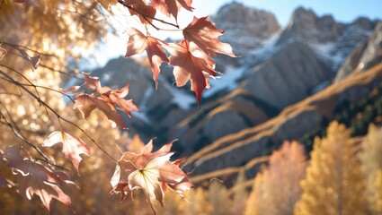 Maple Leaves with Mountain Backdrop showcasing Fall Color Landscape